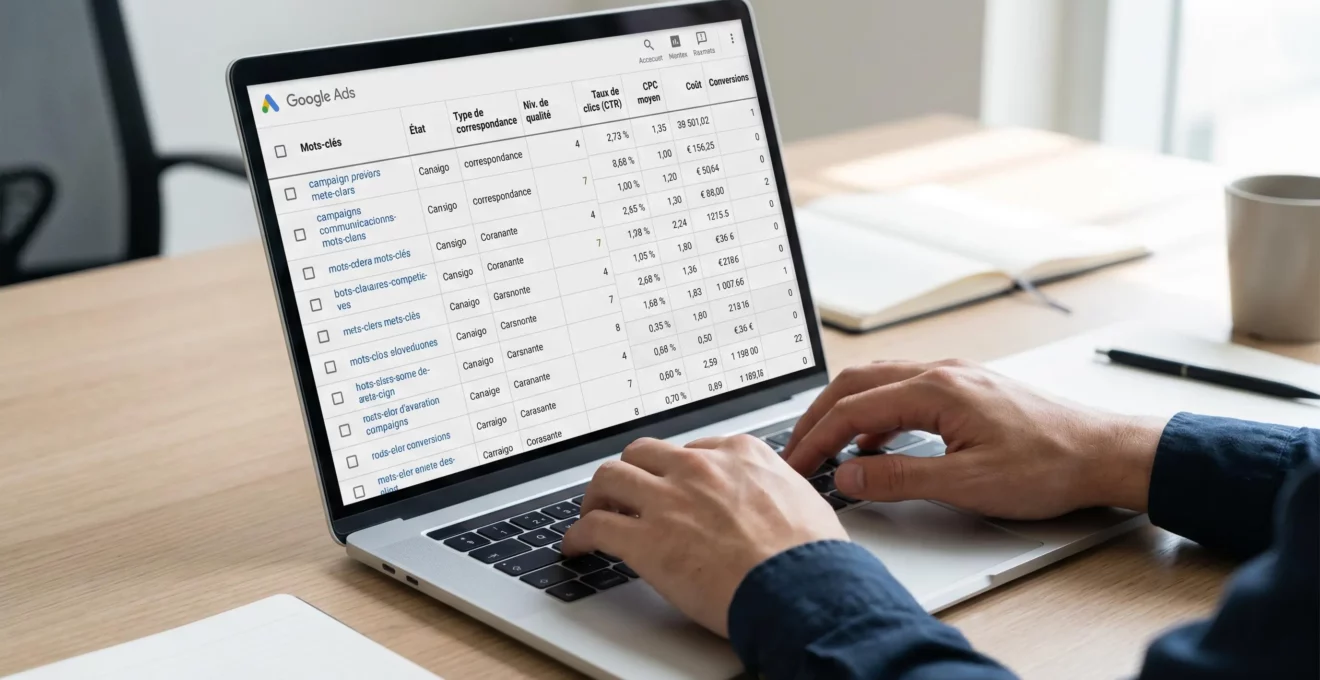Gros plan sur écran d'ordinateur affichant tableau de métriques Google Ads avec Quality Score, taux de clics et coût par clic, mains tapant sur clavier