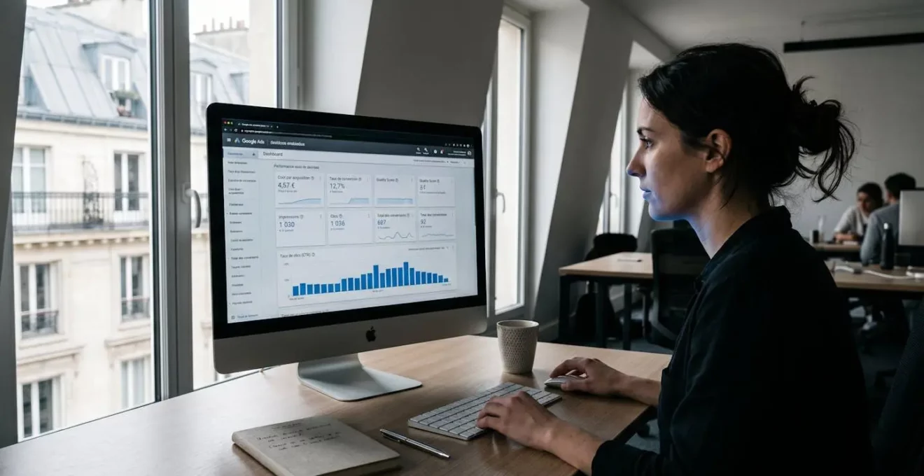 Professionnel du marketing analysant un tableau de bord Google Ads sur écran d'ordinateur dans un bureau moderne, métriques de coût par acquisition et taux de conversion visibles à l'écran
