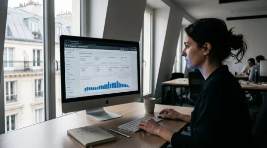 Professionnel du marketing analysant un tableau de bord Google Ads sur écran d'ordinateur dans un bureau moderne, métriques de coût par acquisition et taux de conversion visibles à l'écran