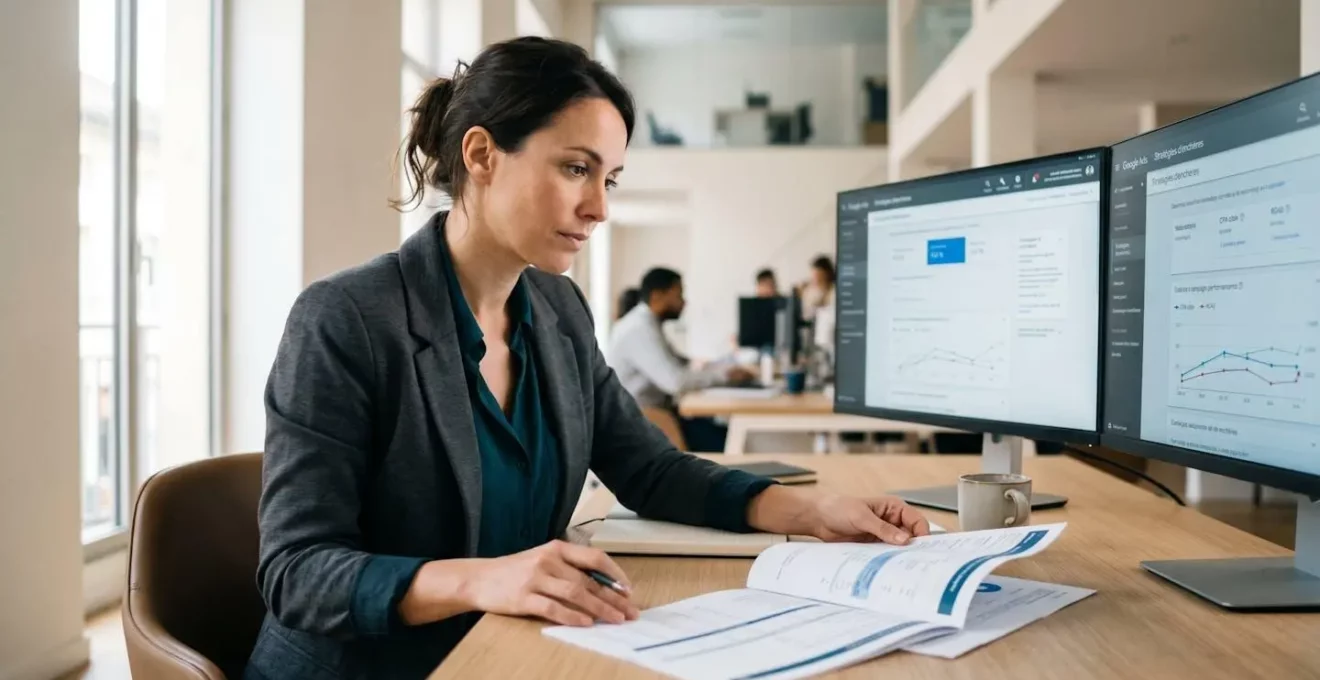 Responsable marketing analysant rapports de performance de campagnes publicitaires dans bureau moderne, écrans affichant stratégies d'enchères en arrière-plan
